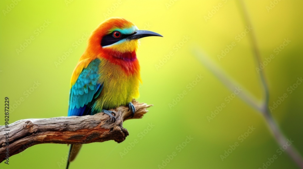 Colorful bird perched on a branch, set against a soft green background Colorful bird perched on a branch, set against a soft green background