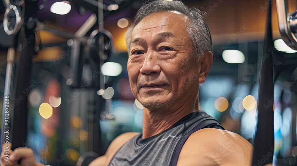 Asian elderly man exercising in the gym