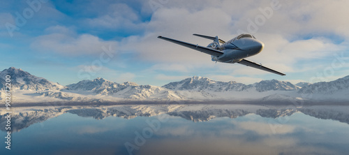 Canvas Print Private Jetplane Flying over the Clouds and Landscape Background at Sunset