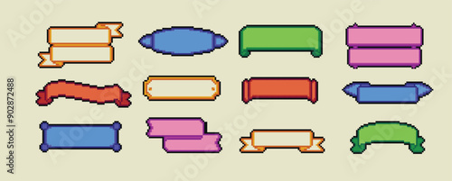 Pixel art speech bubble. Dialogue boxes, retro 8 bit arcade game style quotes and UI message frames vector set of chat pixel bubble 8-bit illustration