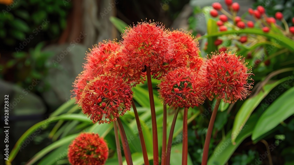 This unique plant has large round flowers that look like red fireworks or fireballs This unique plant has large round flowers that look like red fireworks or fireballs