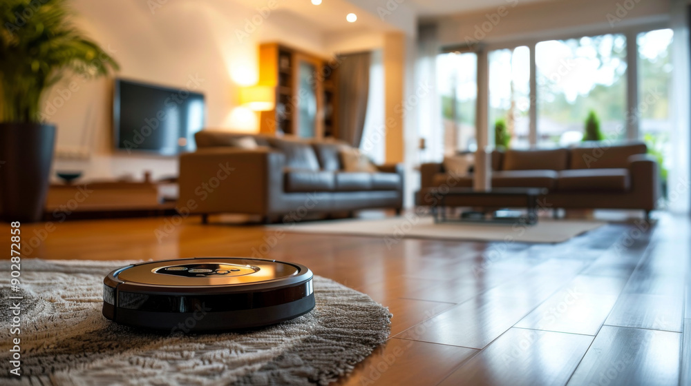 A robotic vacuum cleaner navigating a modern living room with hardwood floors and contemporary furniture. A robotic vacuum cleaner navigating a modern living room with hardwood floors and contemporary furniture.
