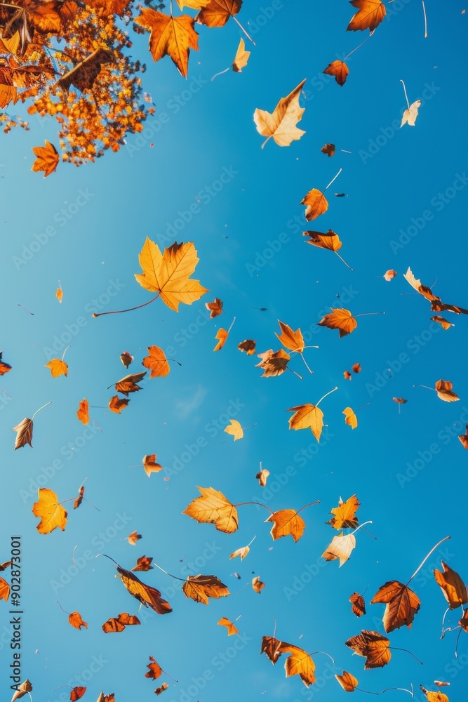 Golden maple leaves floating against a bright blue sky on a clear autumn day Golden maple leaves floating against a bright blue sky on a clear autumn day