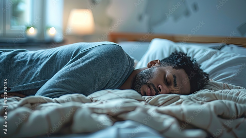 Depressed man lying in his bed and feeling bad Depressed man lying in his bed and feeling bad