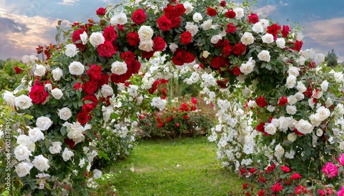 Rose Arch In the Garden; beautiful white and red flowers