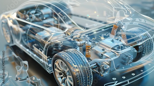 Detailed exploded view of a transparent electric vehicle showcasing the technical assembly of
