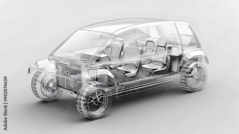 Fototapeta premium Transparent Electric Vehicle with Detailed Internal Components Exploded View