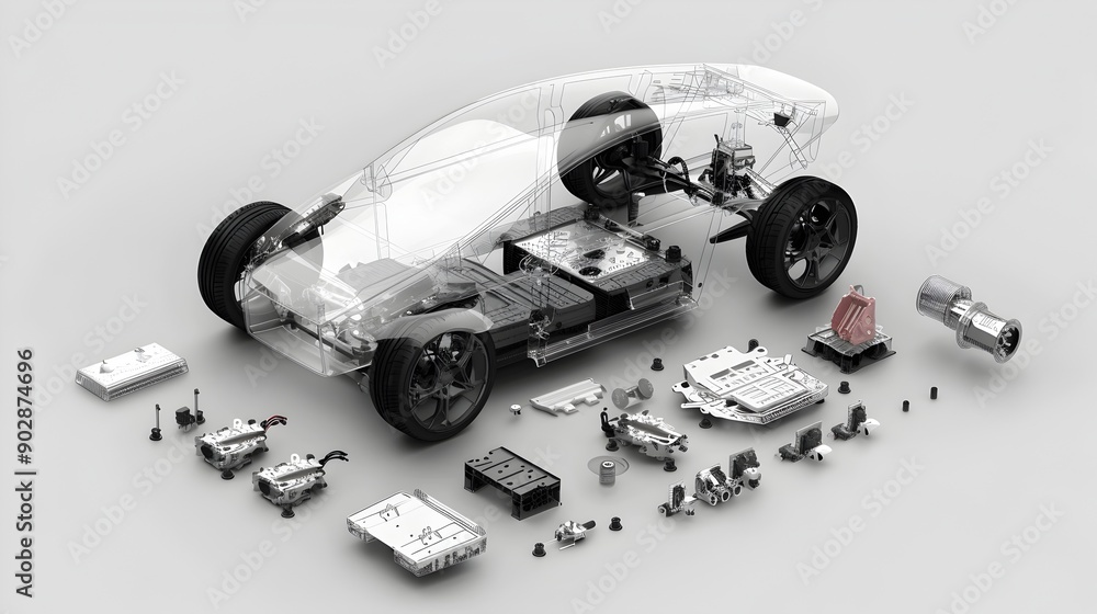 Transparent Electric Vehicle with Exploded View of All Components Stock ...