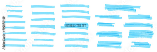 Blue highlight marker stripes isolated on white background. Transparent marker pen lines hand drawn set. Vector graphic stylish design elements.