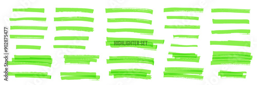Green highlight marker stripes isolated on white background. Transparent marker pen lines hand drawn set. Vector graphic stylish design elements.