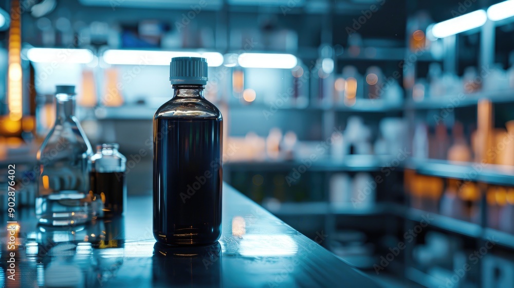 Focus on ethylene glycol in dark glass bottle in chemistry lab with space Focus on ethylene glycol in dark glass bottle in chemistry lab with space