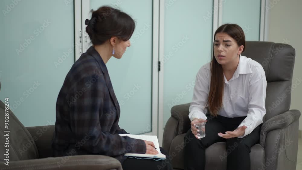 A girl sits in a chair with a plastic cup of water in her hand and emotionally talks about the problem to the company psychologist. A girl sits in a chair with a plastic cup of water in her hand and emotionally talks about the problem to the company psychologist.