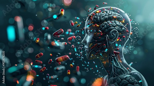 Mind Overtaken by Pills: A 3D Illustration of a Human Brain Overwhelmed by Medications