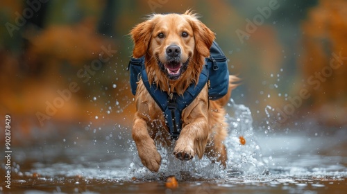 Golden Retriever Running Through Water