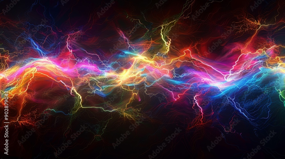 Vibrant rainbow lightning patterns on dark background energetic and striking abstract art Vibrant rainbow lightning patterns on dark background energetic and striking abstract art