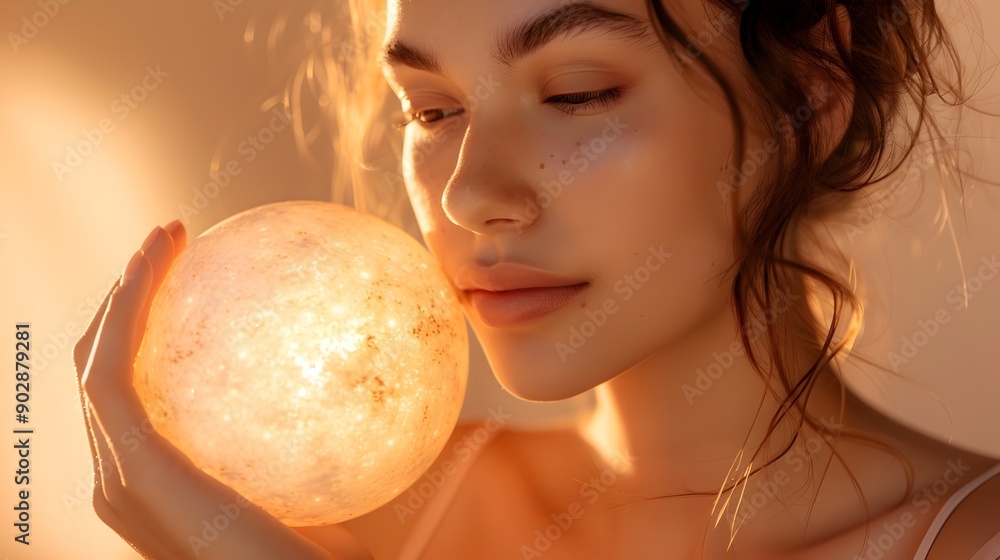 Naklejka premium Serene and Radiant Female Face with Ethereal Lighting and Soft,Glowing Skin