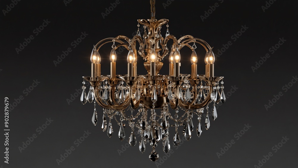 The image is of a gold chandelier with crystal drops and six lit candles. The image is of a gold chandelier with crystal drops and six lit candles.