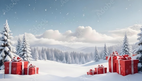 Snowy winter landscape with pine trees covered in snow, gift boxes in the foreground, and a cloudy sky with falling snowflakes