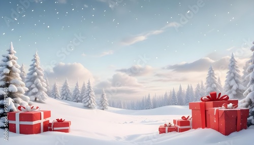 Snowy winter landscape with pine trees covered in snow, gift boxes in the foreground, and a cloudy sky with falling snowflakes