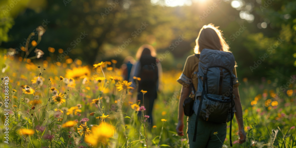 Group of hikers with backpacks walking through a sunlit meadow filled with blooming wildflowers. Group of hikers with backpacks walking through a sunlit meadow filled with blooming wildflowers.