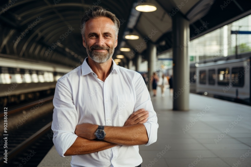 Portrait of a satisfied man in his 50s wearing a classic white shirt in front of modern city train station Portrait of a satisfied man in his 50s wearing a classic white shirt in front of modern city train station