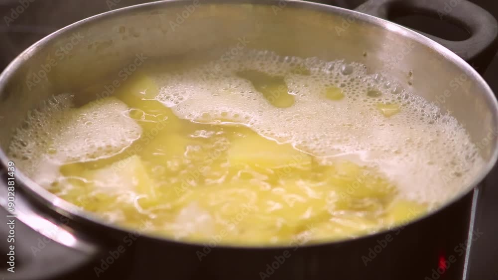 Close-up of potatoes boiling in a pot Close-up of potatoes boiling in a pot