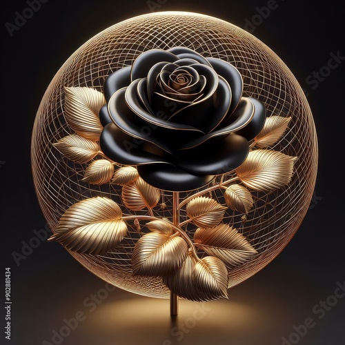 Elegant black rose with gold leaves against a geometric background, perfect for modern and luxurious design concepts. photo