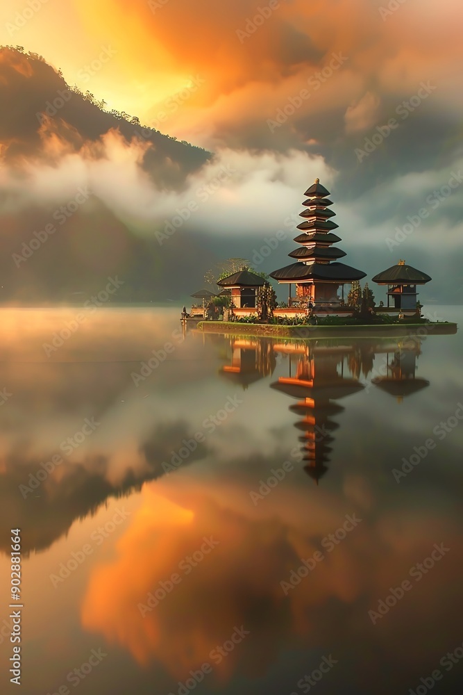 Balinese temple on a serene lake, misty mountains, golden sunrise, wideangle shot Balinese temple on a serene lake, misty mountains, golden sunrise, wideangle shot