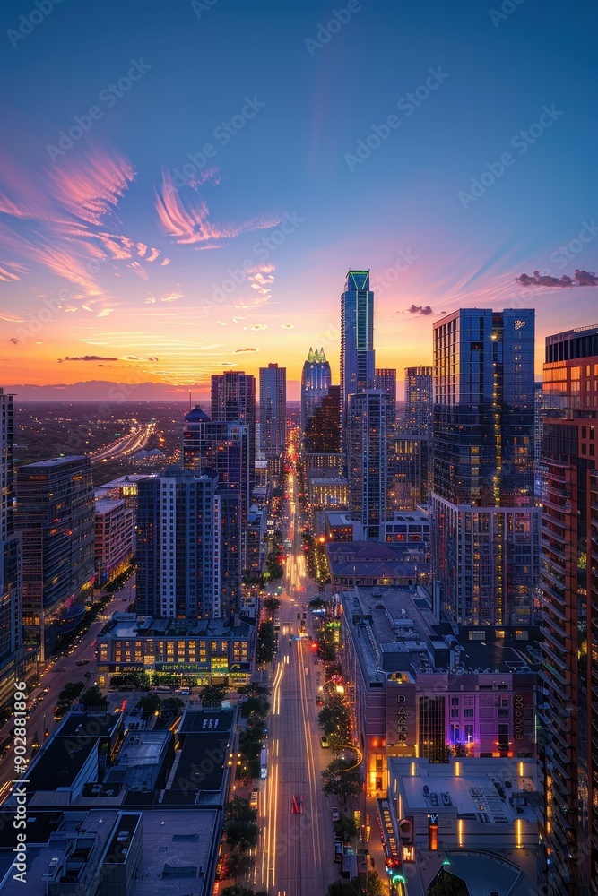Naklejka premium A city skyline with a tall building in the middle. The sky is orange and the city is lit up at night