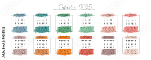 2025 calendar with hand drawing month and year sign in frame. Vector illustration isolated on white background for design template print materials, daily planner. Editable stroke one single line.