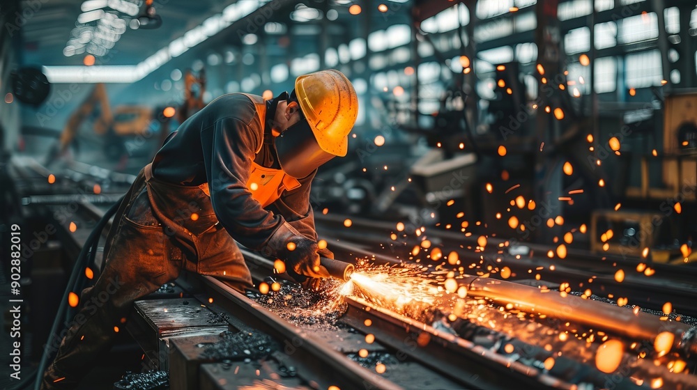 A foundry worker using a torch for cutting through iron at a workstation A foundry worker using a torch for cutting through iron at a workstation
