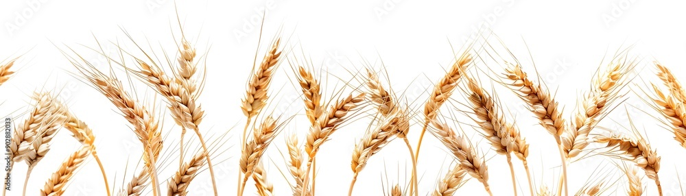 Closeup of golden wheat ears against a white background, sharp focus, minimalistic style Closeup of golden wheat ears against a white background, sharp focus, minimalistic style