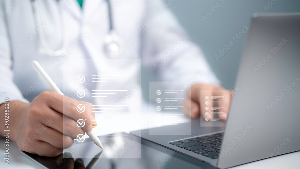 Medical performance checklist, Medical worker using laptop doing online ...