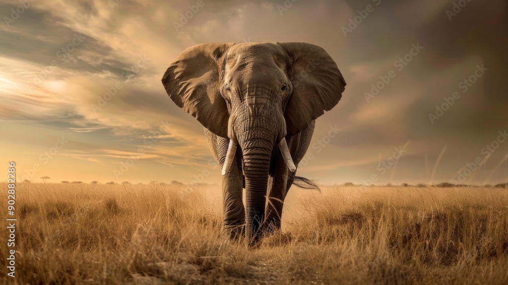 Naklejka premium Elephant Walking Through Savanna Grassland at Sunset.