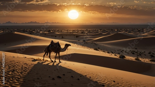 A camel walks across a sandy desert towards a bright, setting sun with  orange and cloudy sky 