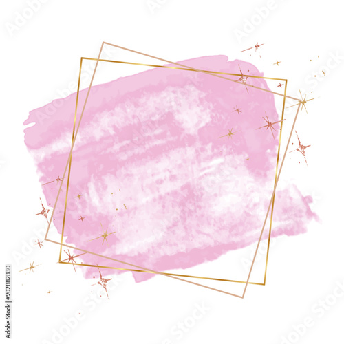 Pink Watercolor Splash with Gold Frame and Stars on Transparent Background - Vector Illustration for decorating design logo, card. hand painted abstract