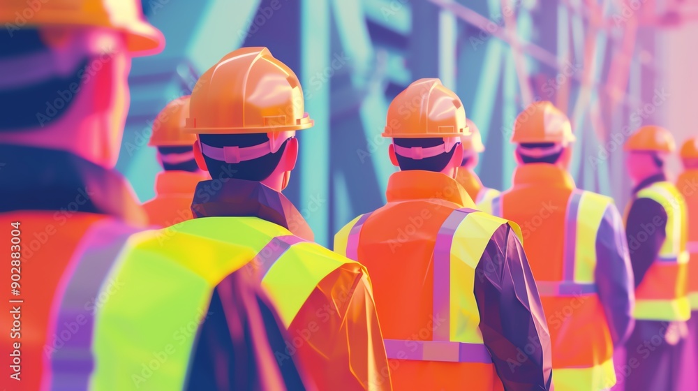 A group of construction workers in safety vests and hard hats walk in a line. A group of construction workers in safety vests and hard hats walk in a line.