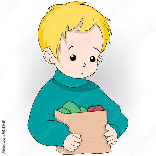 boy is carrying a bag filled with shopping