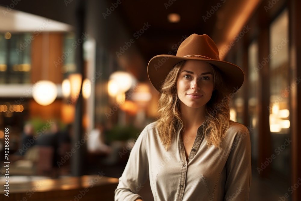 Portrait of a blissful woman in her 30s wearing a rugged cowboy hat in front of luxurious hotel lobby Portrait of a blissful woman in her 30s wearing a rugged cowboy hat in front of luxurious hotel lobby