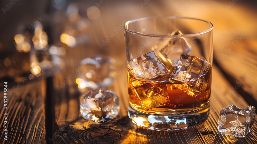Glass of whiskey with ice cubes on a rustic wooden table with soft ambient lighting closeup shot Glass of whiskey with ice cubes on a rustic wooden table with soft ambient lighting closeup shot