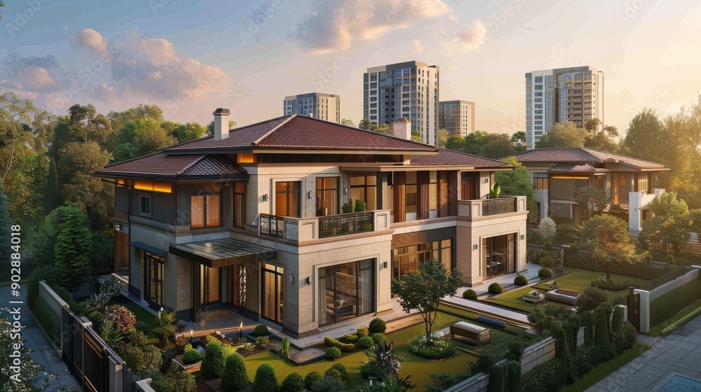 Modern Luxury House Surrounded by Lush Greenery in Urban Neighborhood During Sunset Modern Luxury House Surrounded by Lush Greenery in Urban Neighborhood During Sunset