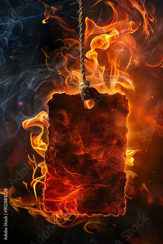 Hot sale tag engulfed in flames, front view, dark background, high contrast, dramatic lighting
