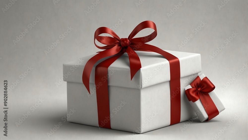 a white gift box with a red ribbon and bow also a smaller white gift box tied with a red ribbon and bow in the foreground. a white gift box with a red ribbon and bow also a smaller white gift box tied with a red ribbon and bow in the foreground.