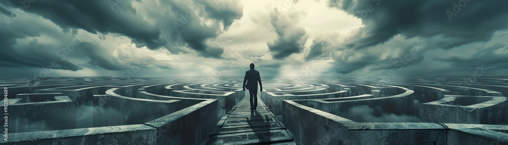 Man walking towards the endless maze, cloudy sky above, wideangle shot, dramatic lighting, challenging and surreal Man walking towards the endless maze, cloudy sky above, wideangle shot, dramatic lighting, challenging and surreal