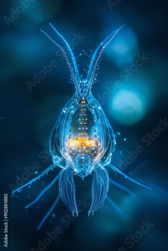 Microscopic view of a plankton glowing softly under blue underwater light ultramacro shot photo