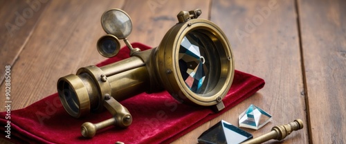 A vintage brass telescope resting on a rich red cloth, surrounded by gems, evoking exploration and scientific curiosity. photo