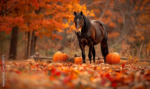 Horses in an autumn meadow, surrounded by colorful leaves and pumpkins photo