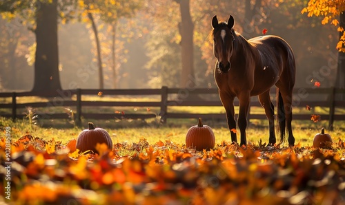 Horses in an autumn meadow, surrounded by colorful leaves and pumpkins
