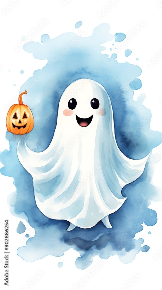 Obraz premium Watercolor cute colorful halloween ghosts. Hand drawn autumn party illustration.