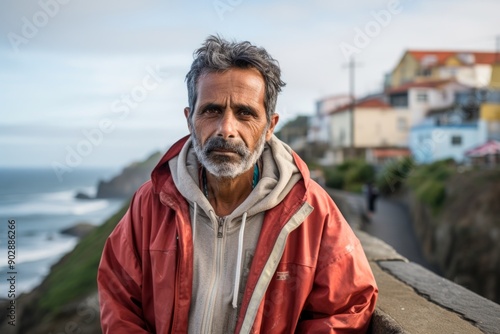 Portrait of a tender indian man in his 50s wearing a functional windbreaker in picturesque seaside village